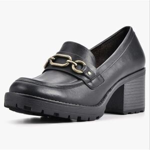 Women’s Black Chunky Heel Loafers Size 6M Gold Chain Block Heel Lug Sole